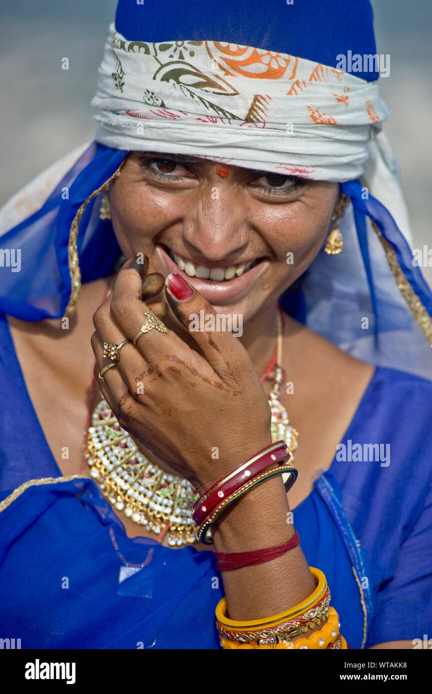Rajasthan`s woman with traditional clothes, jewelry and adornments Stock Photo